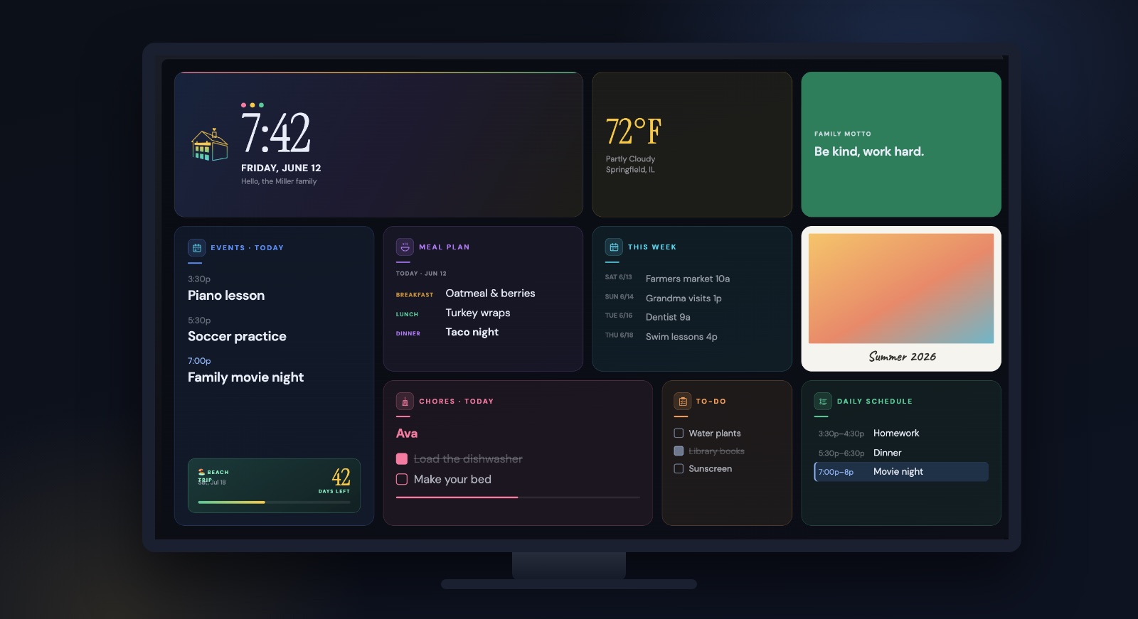 Our Family Dashboard on a TV, showing the calendar, meal plan, chores and schedule